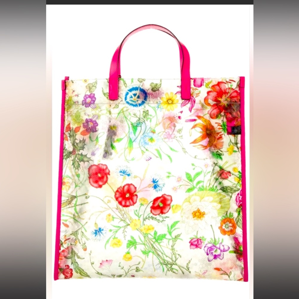 Gorge Gucci Vinyl floral printed Flora tote bag with pink leather trim/handles - Picture 2 of 12